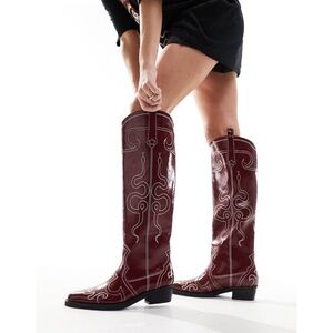 Public Desire | Serpentine Burgundy Snake Embroidered Knee High Western Boots 8
